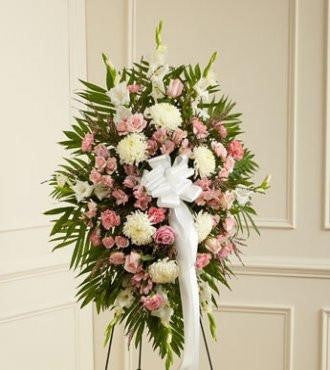 Deepest Sympathies Standing Spray – Pink & White